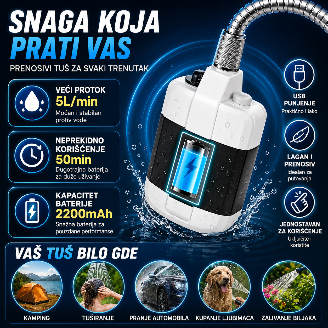 TUŠ ZA KAMPOVANJE USB PUNJIVI
