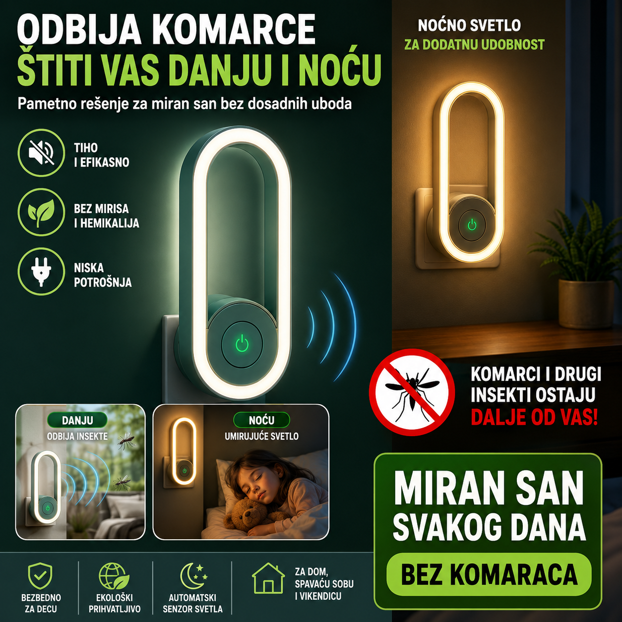 Ultrazvučni rasterivač štetočina sa LED noćnim svetlom 1+1 GRATIS